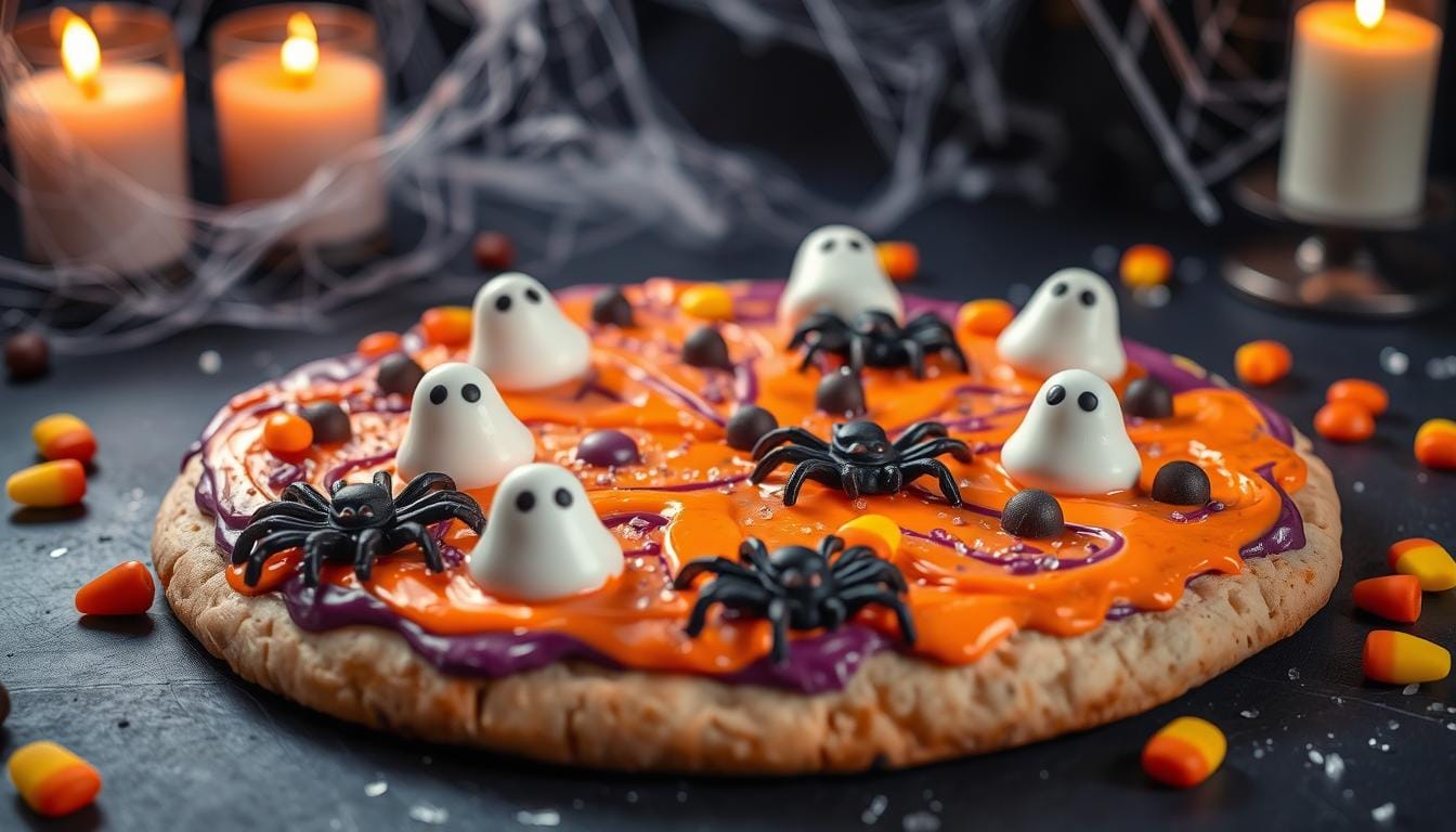 Spooky Halloween Cookie Pizza: A Festive Treat Halloween is a time for spooky celebrations. A delightfully haunting Halloween cookie pizza is the perfect treat. It combines a sugar cookie crust with spooky toppings, making it a festive hit. Key Takeaways Discover a unique twist on traditional Halloween treats with a Halloween cookie pizza. Explore the delicious combination of a sugar cookie crust and spooky toppings. Learn how to create a festive and impressive dessert for your Halloween celebrations. Impress your guests with a hauntingly delicious and visually striking Halloween dessert. Embrace the eerie spirit of Halloween with a fun and creative homemade treat. Unleash Your Inner Monster with This Frightfully Delicious Dessert Get ready to unleash your inner monster with a spooky Halloween treat. Our guide makes it easy to create a bone-chilling cookie pizza. It's perfect for your ghostly goodies and eerie baking adventures. Crafting a Haunted Masterpiece Turn a simple sugar cookie into a ghastly work of art with these steps: Prepare your cookie dough and press it into a round pizza pan, creating a sturdy crust. Bake the crust until it's golden brown and let it cool completely. Spread a layer of your favorite haunted kitchen frosting over the surface, creating a spooky canvas. Decorate the pizza with a variety of bone-chilling snacks, such as gummy worms, candy corn, and chocolate pieces, to create a truly eerie masterpiece. Finish with a dusting of spooky sprinkles or a drizzle of melted chocolate for the ultimate ghostly goodies touch. Ingredients for Bone-Chilling Indulgence To bring your haunted kitchen dreams to life, you'll need these ingredients: Sugar cookie dough Assorted bone-chilling snacks, such as gummy worms, candy corn, and chocolate pieces Halloween-themed frosting (spooky colors and flavors) Spooky sprinkles Melted chocolate (for drizzling) With these simple eerie baking supplies, you'll create a ghostly goodies masterpiece. It will impress your guests and satisfy your cravings for a haunted kitchen experience. Halloween Cookie Pizza: A Graveyard Smash for All Ages This Halloween cookie pizza is loved by all ages. It's great for family parties or spooky adult gatherings. Its tasty flavors and fun look make it perfect for Halloween. The graveyard cuisine of this pizza is sweet and spooky. It has a soft cookie crust, melted chocolate, Oreos, and gummy worms. It's a treat that kids and adults will love. This pizza is very flexible. You can change the toppings to fit your party's theme. Try crushed Oreos and gummy worms for a classic look, or use colorful candy and sprinkles for something unique. Topping Ideas for Halloween Cookie Pizza Crushed Oreos Gummy worms Chocolate chips or M&M's Candy corn Sprinkles in Halloween colors Ghost, pumpkin, or bat-shaped candies Decorate your Halloween cookie pizza however you like. It's sure to be a hit. So, invite your friends and family, wear your best costume, and enjoy this graveyard cuisine delight. "This Halloween cookie pizza is the perfect way to bring the spirit of the season to your dessert table. It's a treat that's sure to delight both kids and adults alike!" Spooky Decorating Tips to Chill Your Guests Are you ready to turn your Halloween cookie pizza into a masterpiece? It will make your guests shiver with joy. Use these spooky tips to make your treats stand out. Ghostly Garnishes and Eerie Embellishments Start with a layer of orange or purple frosting on your pizza. Then, let your imagination run wild. Use gummy worms, crushed Oreos, and edible eyeballs to create a graveyard scene. For more scare, use black licorice as spider legs. Pipe on ghostly meringue "ectoplasm" for an eerie effect. Add Halloween candies like candy corn and chocolate pumpkins for extra spookiness. Creating a spooky cookie pizza is all about detail and creativity. So, let your inner monster out and make your kitchen creations come alive! Pairing Your Haunted Kitchen Creations with Sinister Sips To make your Halloween party complete, pair your spooky cookie pizza with sinister drinks. Try dark and mysterious cocktails or non-alcoholic drinks that match your haunted kitchen's theme. A ghoulish punch or a bewitching drink can make your Halloween unforgettable for your guests. Make witches' cauldron creations that go well with your cookie pizza. You can try eerie elixirs or spooky sodas. Use bold, dark flavors that match your dessert's haunting vibe. This will create a memorable experience for your guests. Finding the right balance is key for a great Halloween pairing. Mix the flavors, textures, and looks of your dessert and drink. With a bit of creativity and dark magic, you'll create a chilling combo that will impress everyone. FAQ What is a Halloween cookie pizza? A Halloween cookie pizza is a special dessert. It has a sugar cookie base and spooky Halloween toppings. It's a fun treat for the Halloween season. What kind of toppings can I use on a Halloween cookie pizza? You can use many toppings for your Halloween cookie pizza. Try candies, frosting, sprinkles, and more. They'll make your pizza look creepy and cool. Is a Halloween cookie pizza suitable for all ages? Yes, it's great for everyone! It's perfect for family parties or adult gatherings. Its tasty flavors and spooky look will please everyone. How can I elevate the spookiness of my Halloween cookie pizza? To make your pizza even spookier, add ghostly garnishes. Use candies, frostings, and other decorations. This will turn your pizza into a masterpiece that will wow your guests. What kind of drinks can I pair with a Halloween cookie pizza? Pair your pizza with spooky drinks to complete the Halloween vibe. Try dark cocktails or non-alcoholic drinks that match your pizza's theme. They'll add to the fun of your haunted kitchen.