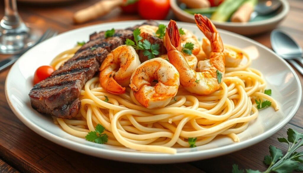 Cajun Shrimp & Steak Alfredo Pasta